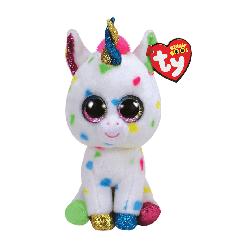 Ty Beanie Boos plush unicorn toy with multicolored hooves and spots on a white background