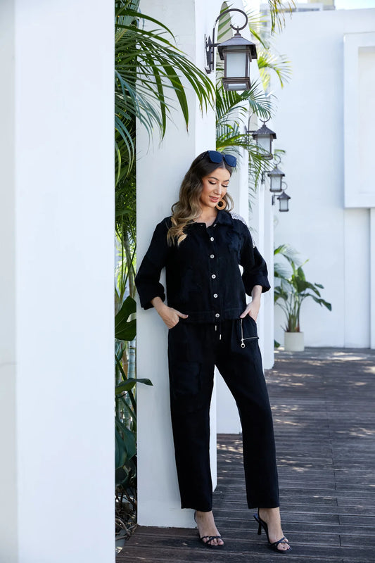 Garden Elegance Black Linen Pants