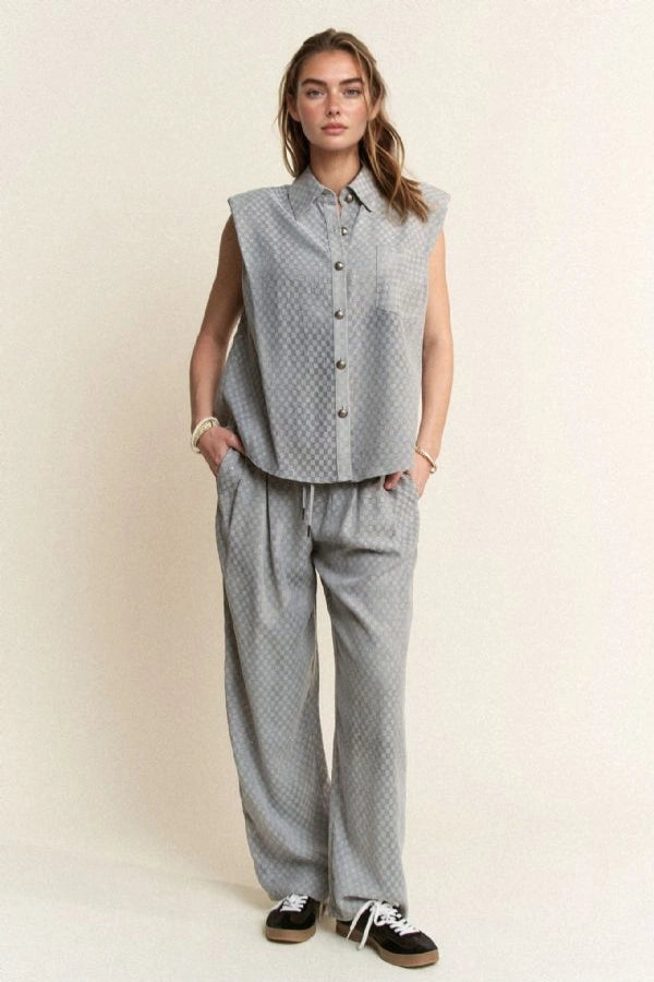 Davi & Dani Checkered Denim Button Down Shirt & Long Pants Set