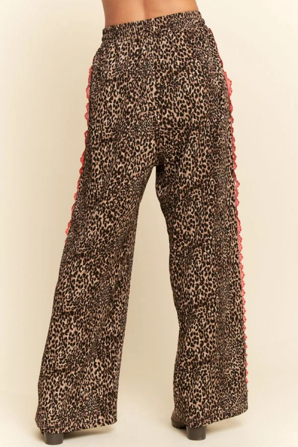 Davi & Dani Lace-Trim Leopard Wide Leg Pants