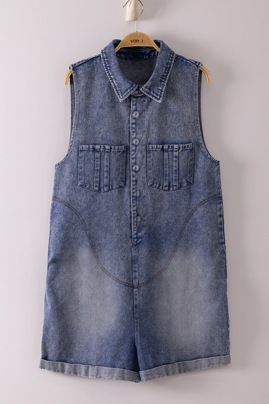 Washed Denim Romper in Indigo