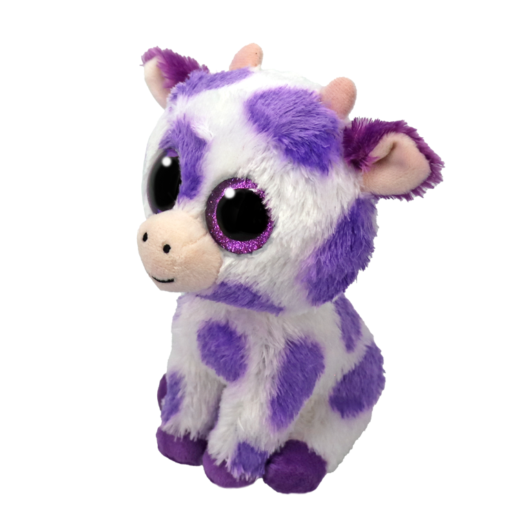 Side view of a purple and white spotted plush cow.
