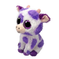 Side view of a purple and white spotted plush cow.