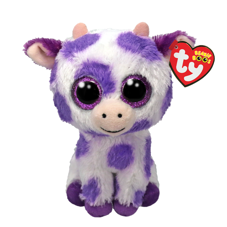 Purple and white spotted plush cow with Ty Beanie Boos tag.