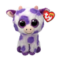 Purple and white spotted plush cow with Ty Beanie Boos tag.