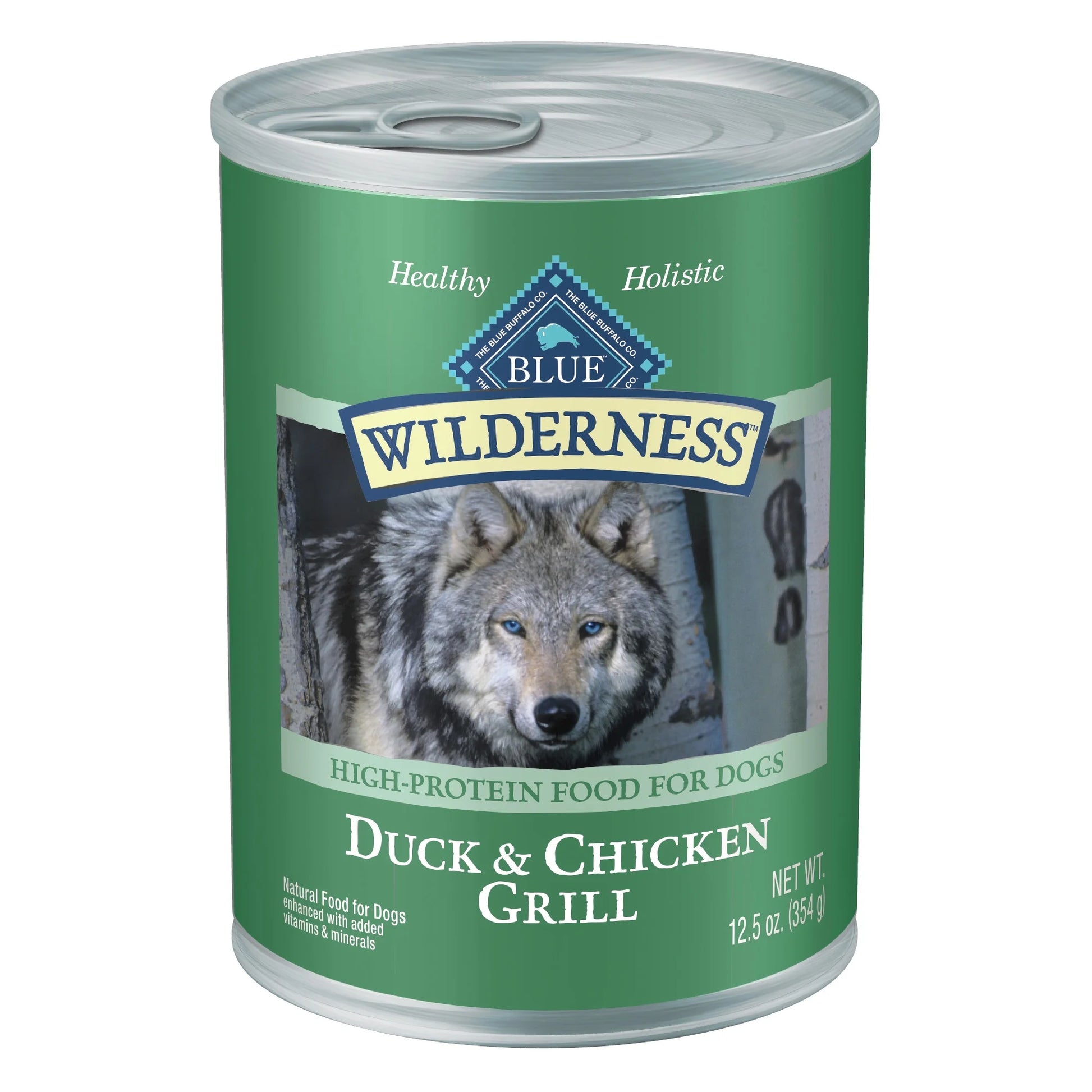 Can of Blue Wilderness Duck & Chicken Grill dog food on a white background