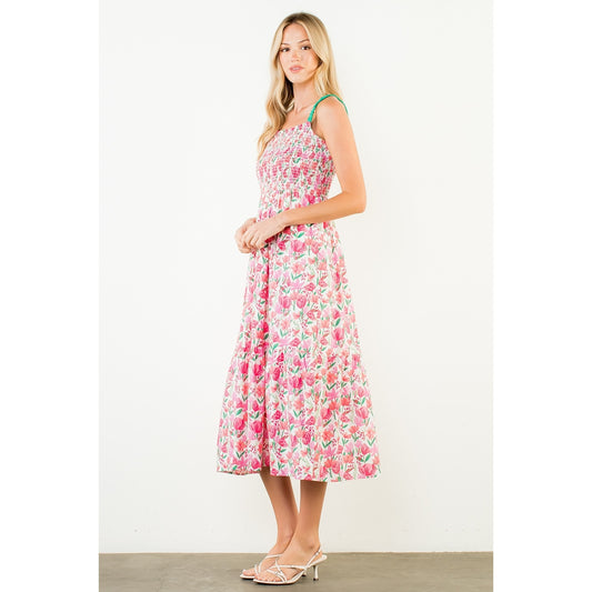 Floral Print Smocked Bodice Tiered Maxi Dress