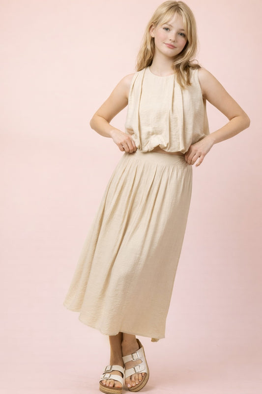 Pleated Bubble Blouse Top & Midi Skirt Set in Oatmeal
