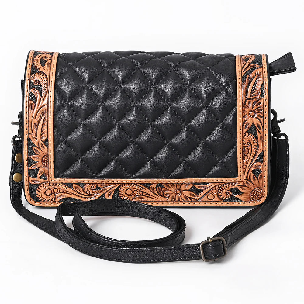 American Darling Black Quilted and Western Floral Tooled Leather Bag