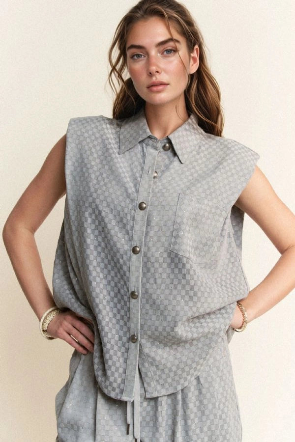 Davi & Dani Checkered Denim Button Down Shirt & Long Pants Set
