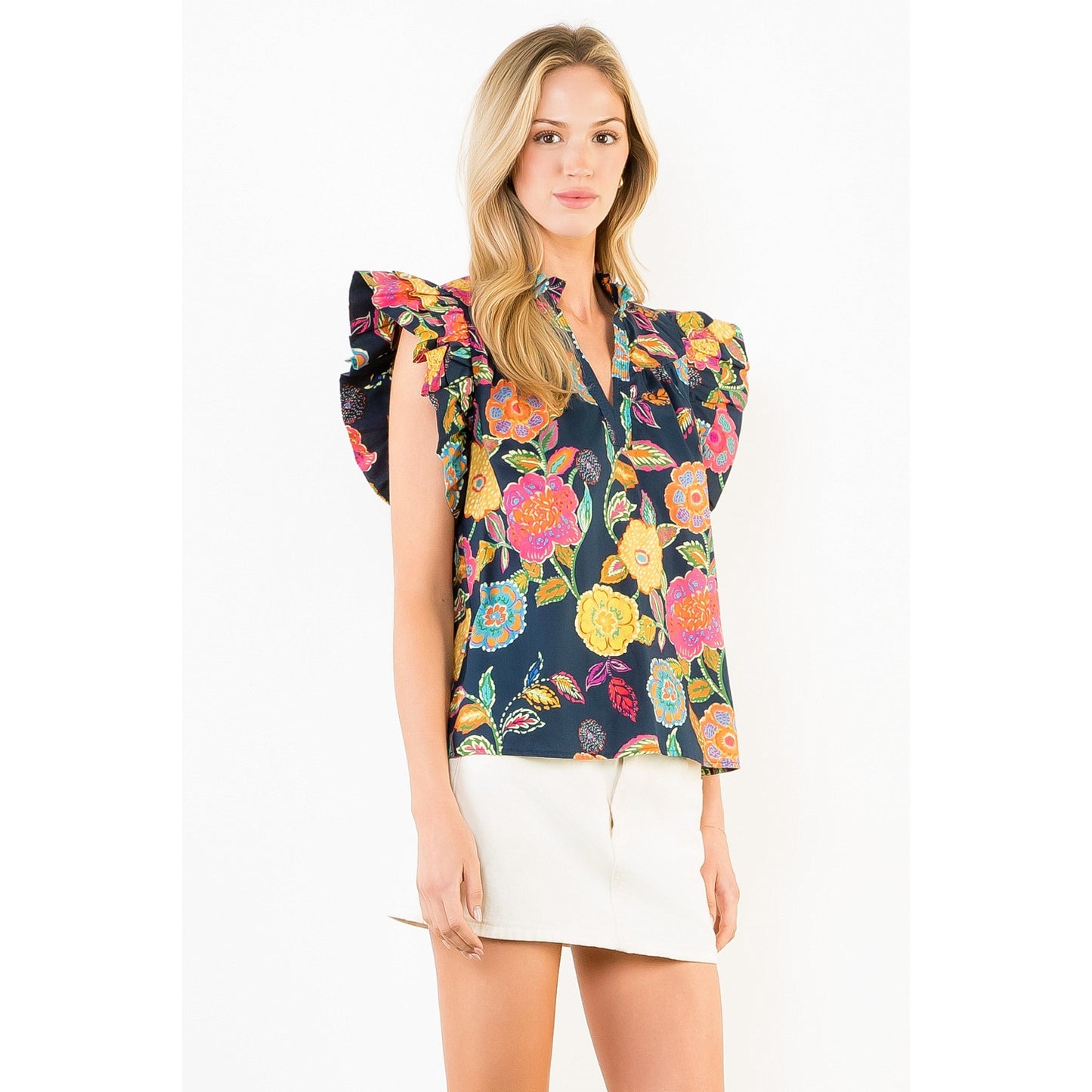 Ruffle Sleeve Navy Floral Pattern Top