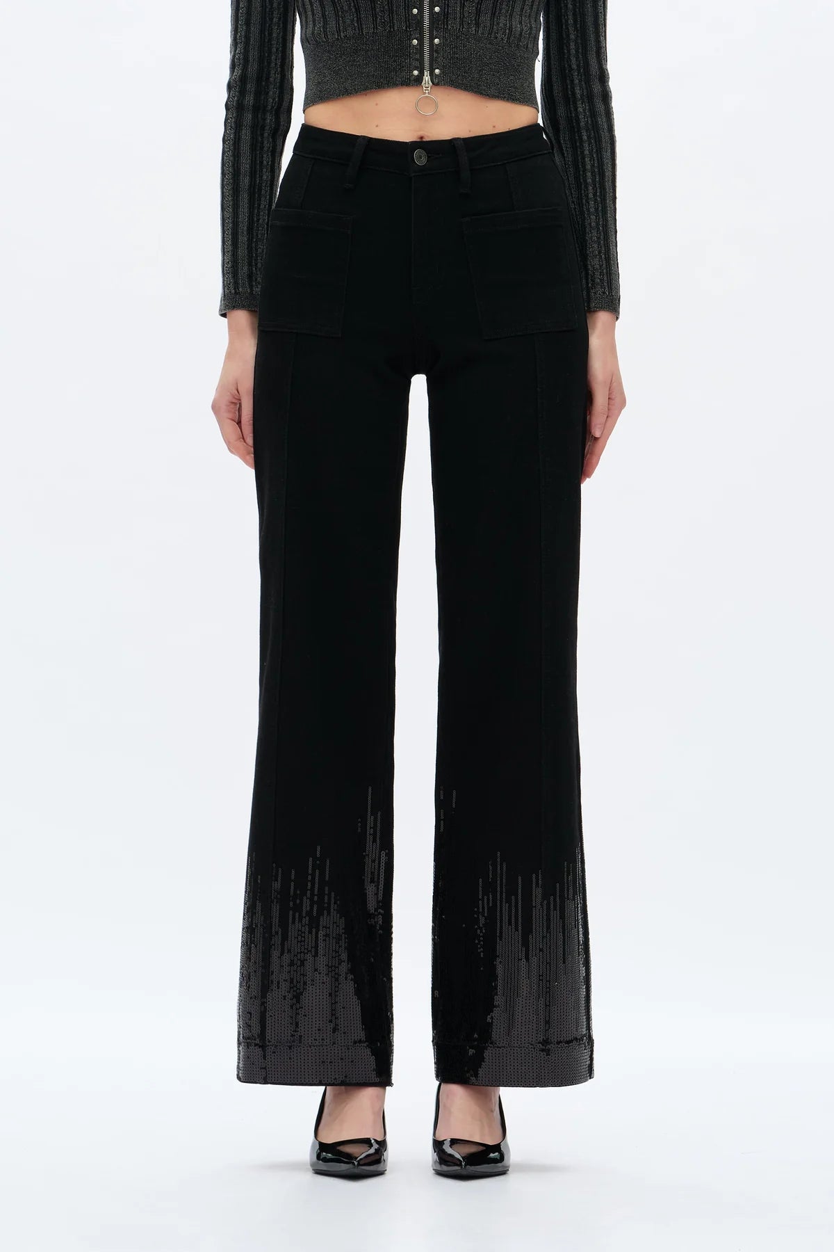 Bayeas Mid Rise Sequin Wide Leg Jeans