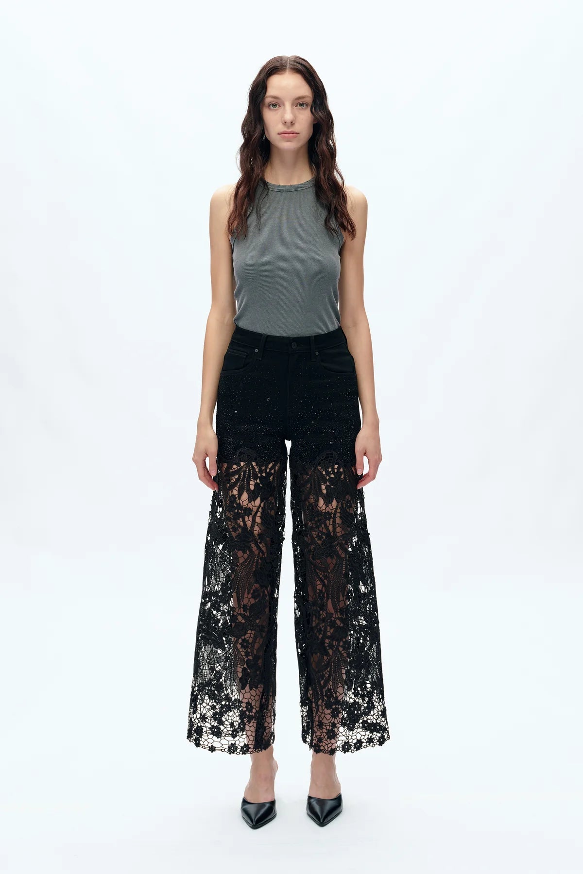 Bayeas Embroidery Wide Leg Lace Jeans with Rhinestones