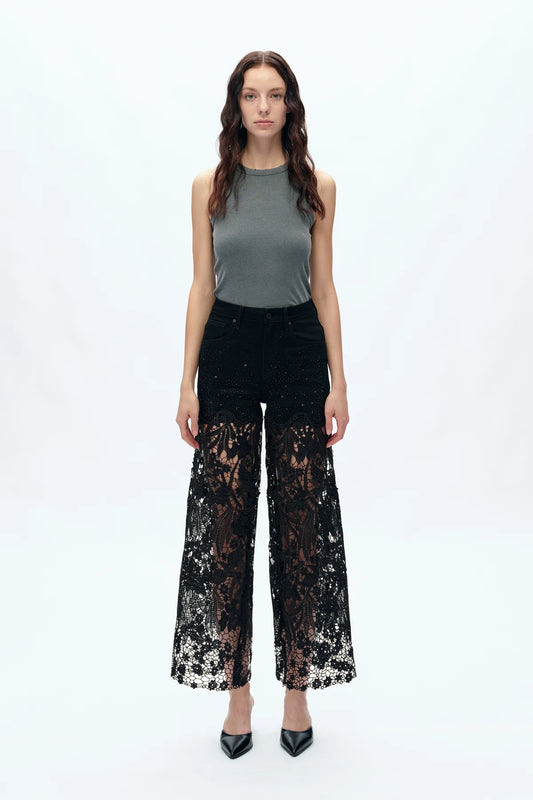 Bayeas Embroidery Wide Leg Lace Jeans with Rhinestones
