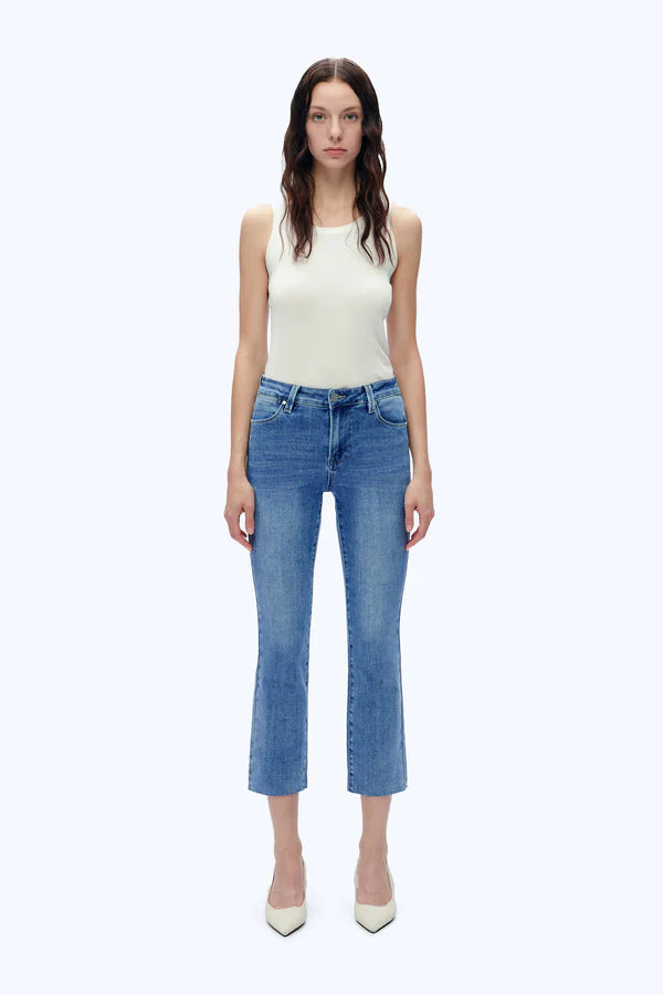 Bayeas Mid Rise Straight Raw Edge Denim Jeans in Medium Blue