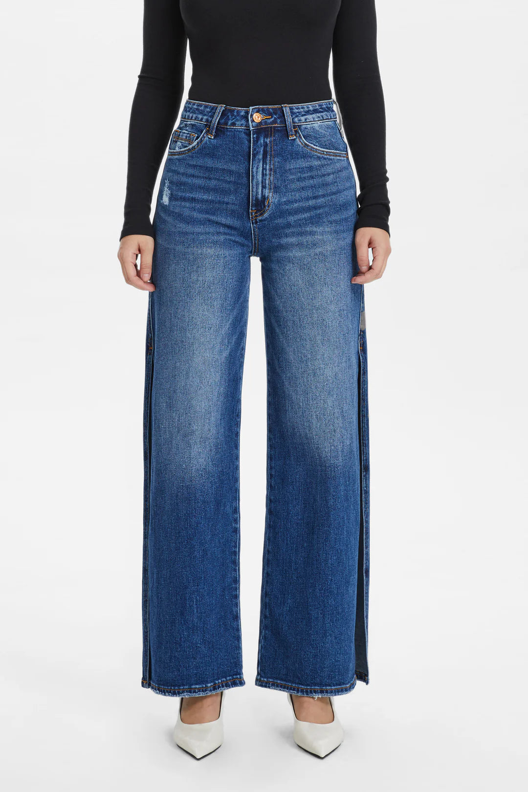 BAYEAS High Rise Wide Leg Denim Jeans With Slit in Lovely