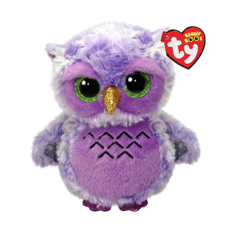 Purple owl plush toy with green eyes and a gold beak, featuring a Ty Beanie Boos tag.