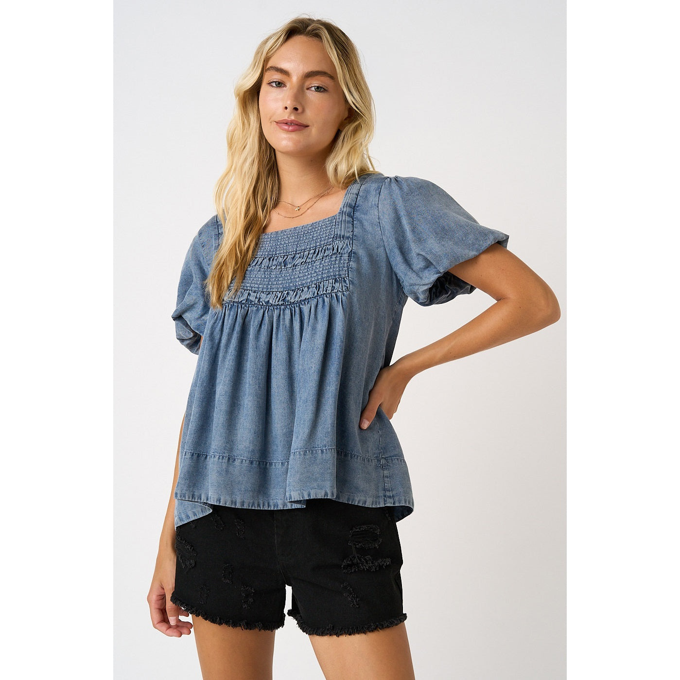 Washed Chambray Pleated Yoke Puff Sleeve Top in Dark Denim