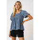Washed Chambray Pleated Yoke Puff Sleeve Top in Dark Denim