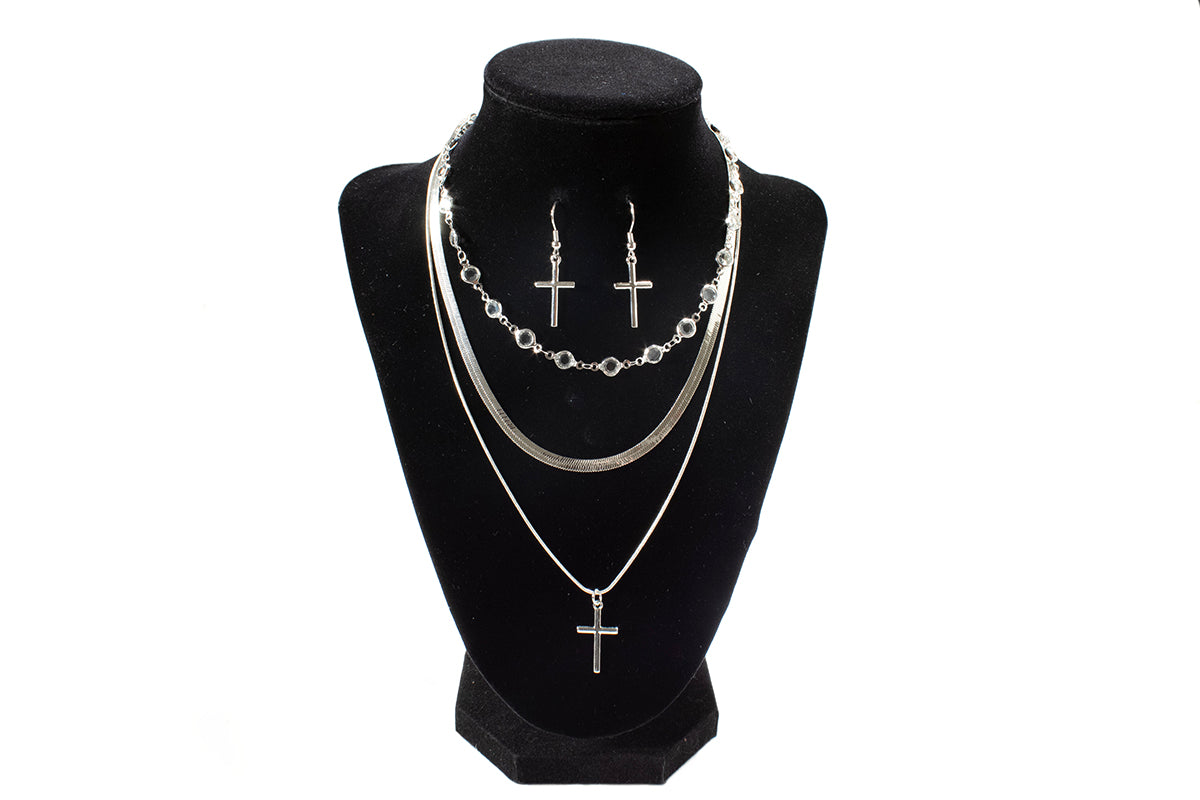 Blazin Roxx Ladies 3 Chain Cross Earring and Necklace Set
