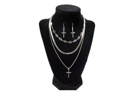 Blazin Roxx Ladies 3 Chain Cross Earring and Necklace Set