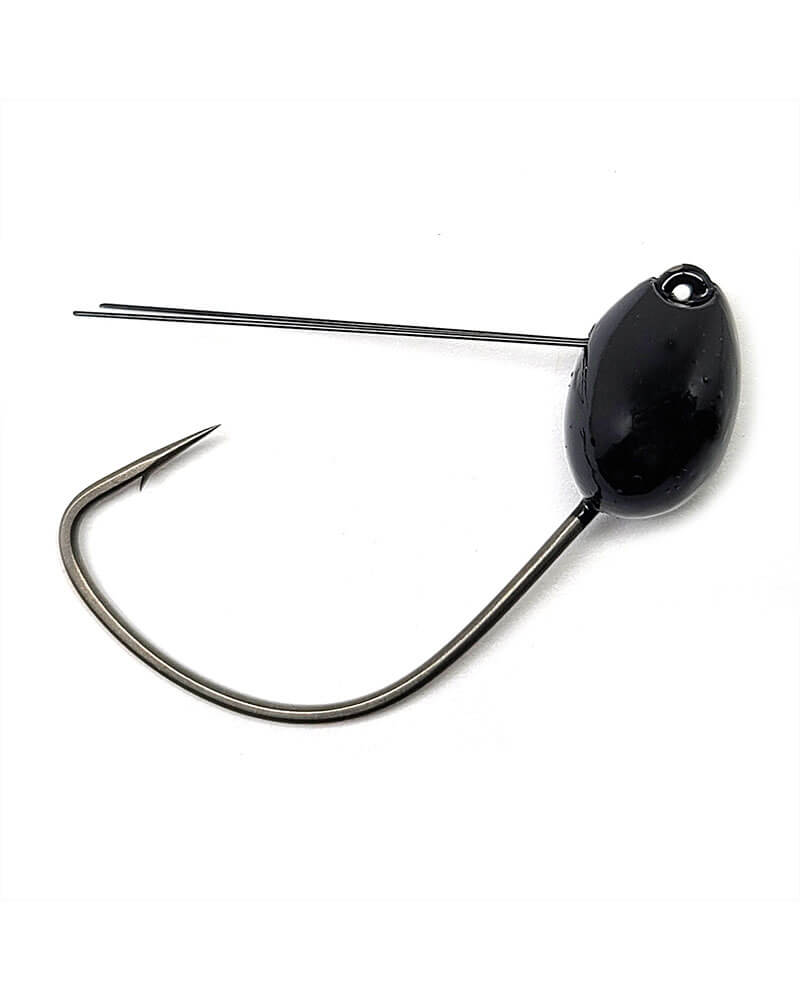 Black fishing jig with a hook on a white background