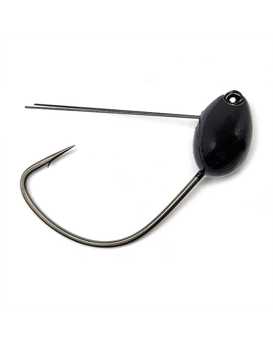 Black fishing jig with a hook on a white background