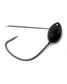 Black fishing jig with a hook on a white background