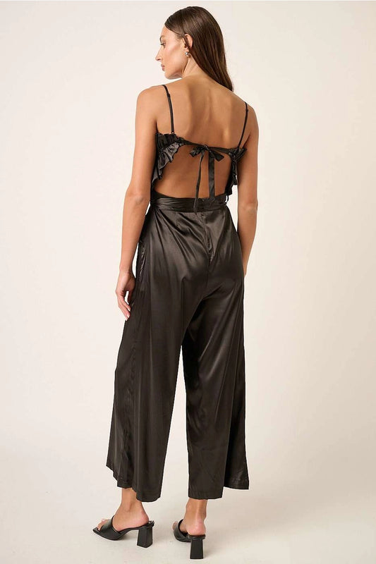 Satin Ruffle Bust Back Tie Wide Leg Jumpsuit in Black