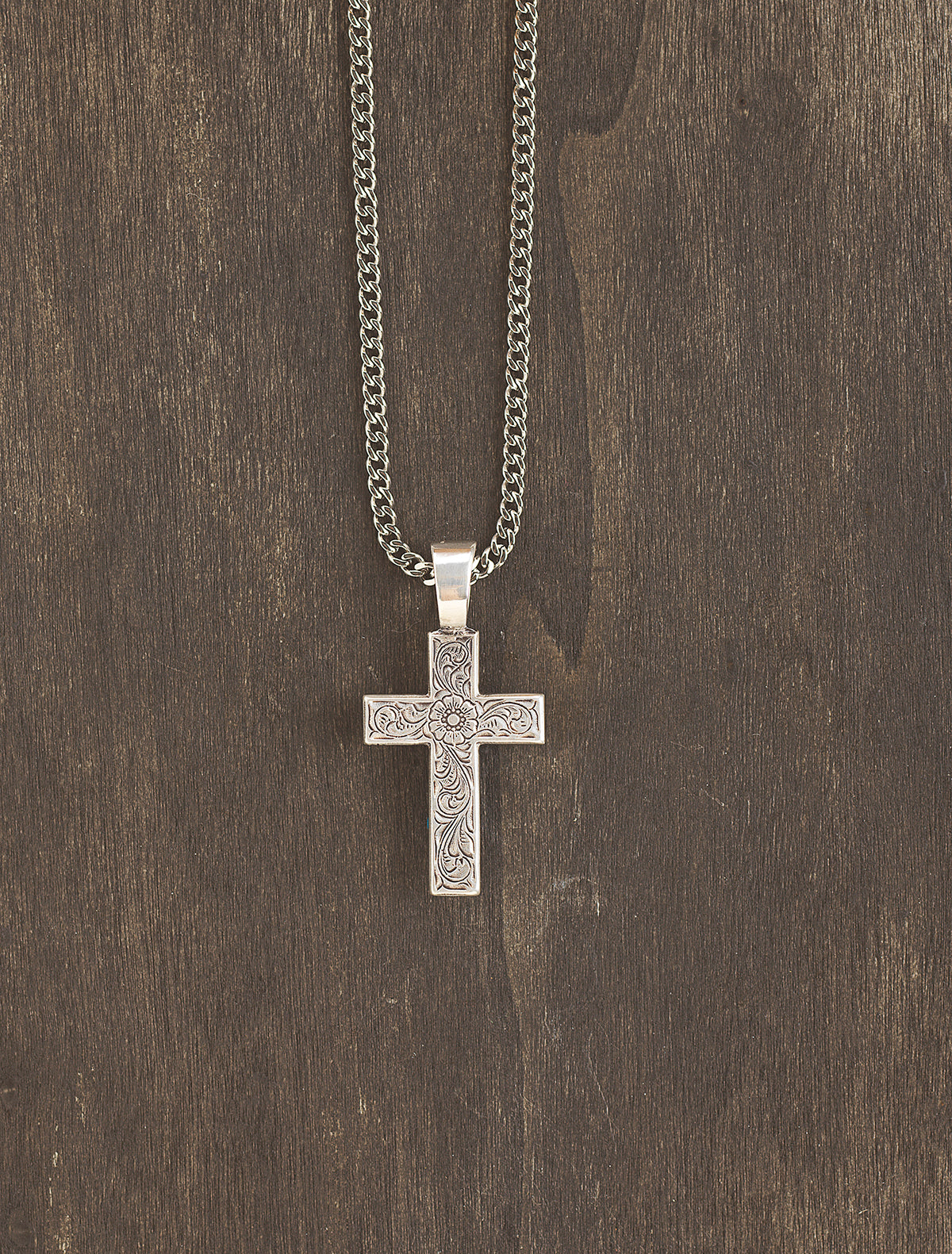 Twister 22" Floral Engraved Cross Necklace