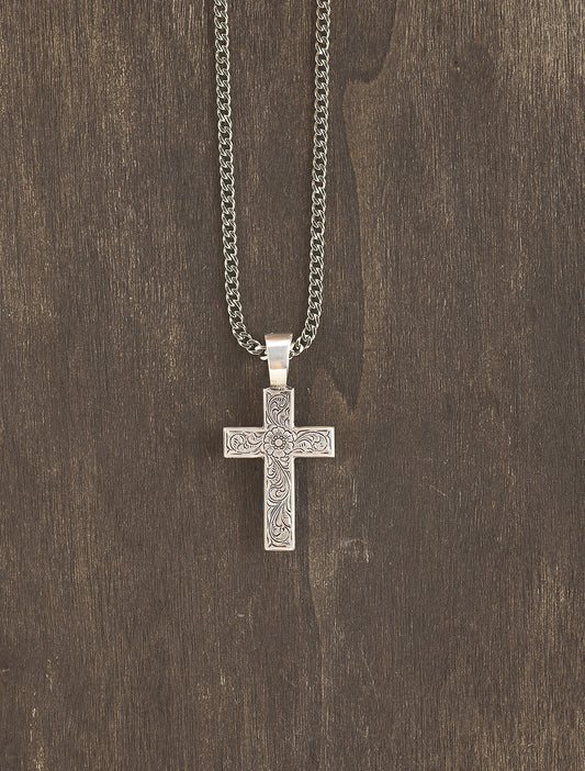 Twister 22" Floral Engraved Cross Necklace