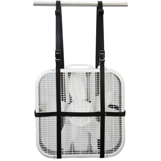 White box fan shown hanging in black straps on white background