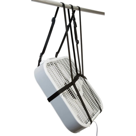 Side/ Back view of white box fan shown hanging in black straps on white background