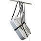 Side/ Back view of white box fan shown hanging in black straps on white background