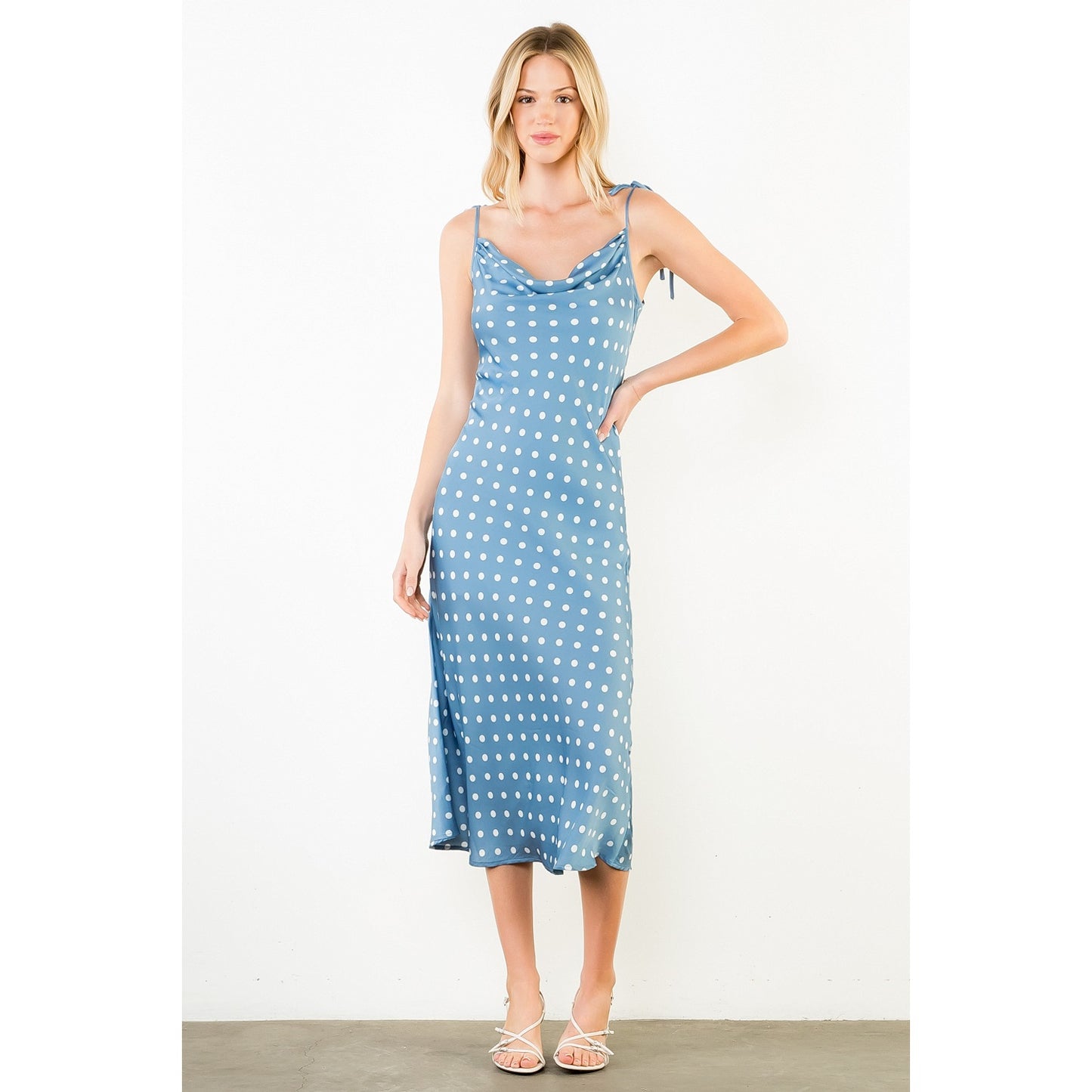 Tie Strap Blue & Polka Dot Midi Dress