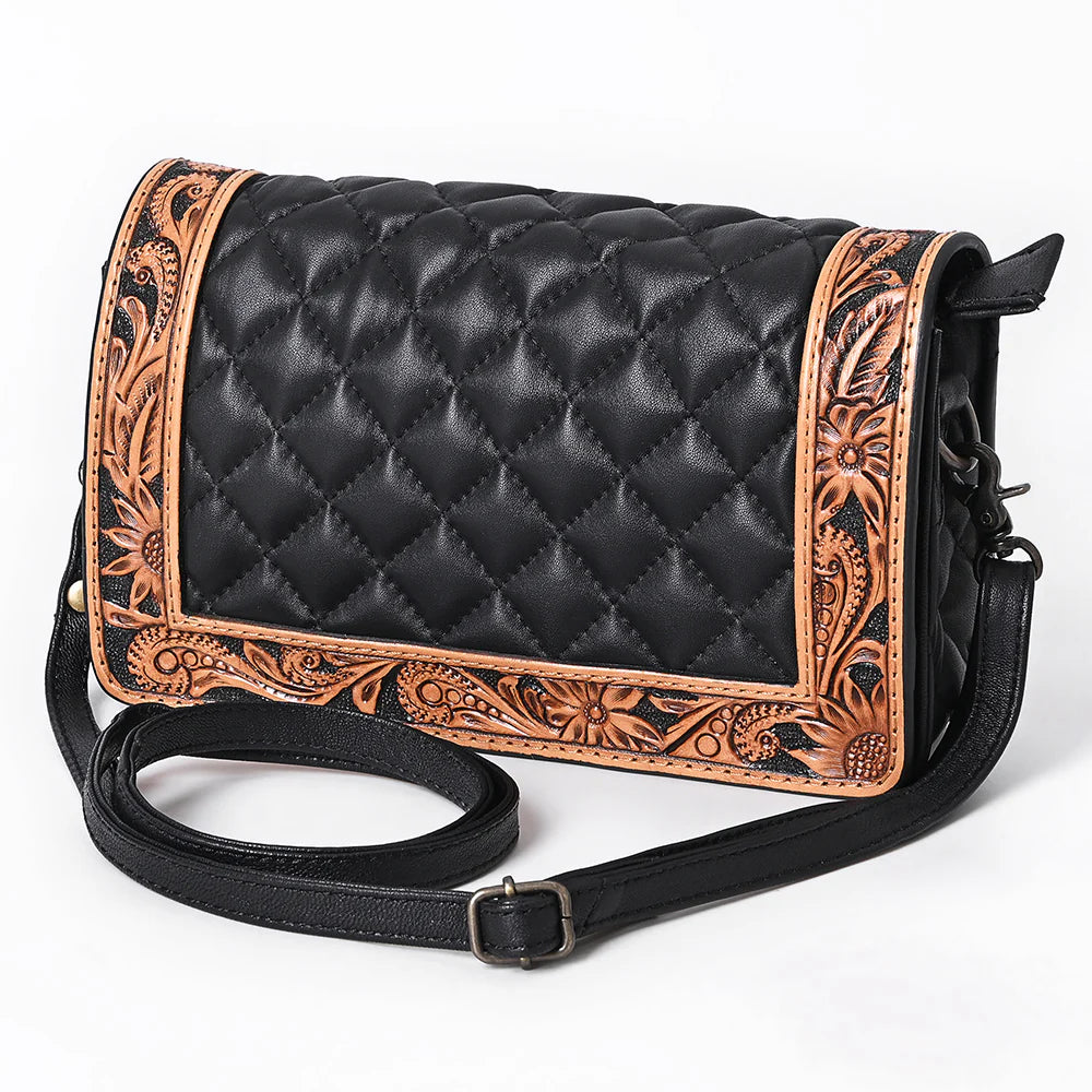 American Darling Black Quilted and Western Floral Tooled Leather Bag