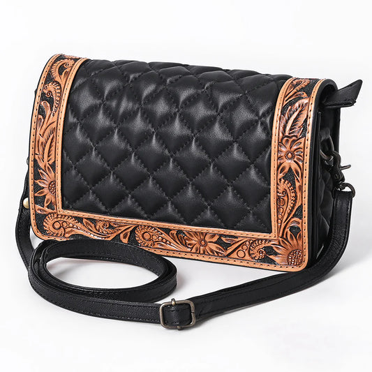 American Darling Black Quilted and Western Floral Tooled Leather Bag
