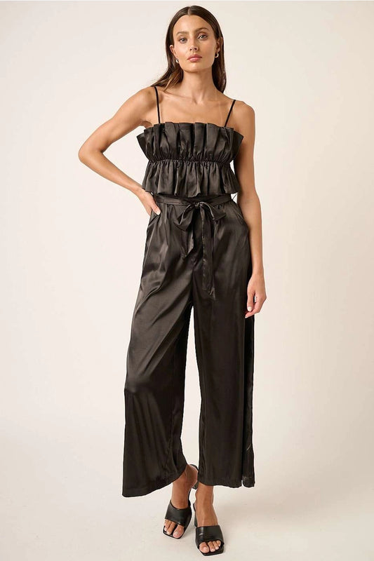 Satin Ruffle Bust Back Tie Wide Leg Jumpsuit in Black