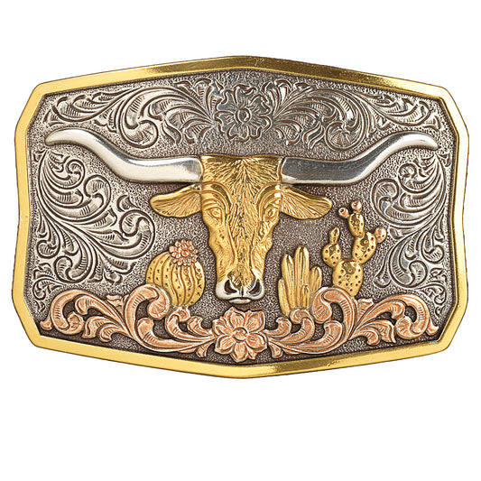 Nocona Antique Silver and Gold Rectangle Longhorn & Cactus Buckle
