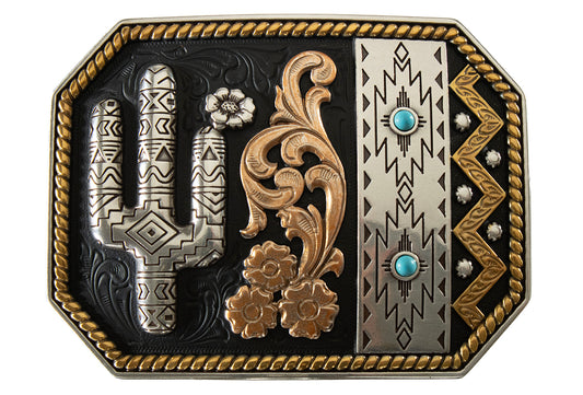 Blazin Roxx Ladies Multi Finish Cactus & Turquoise Stone Buckle