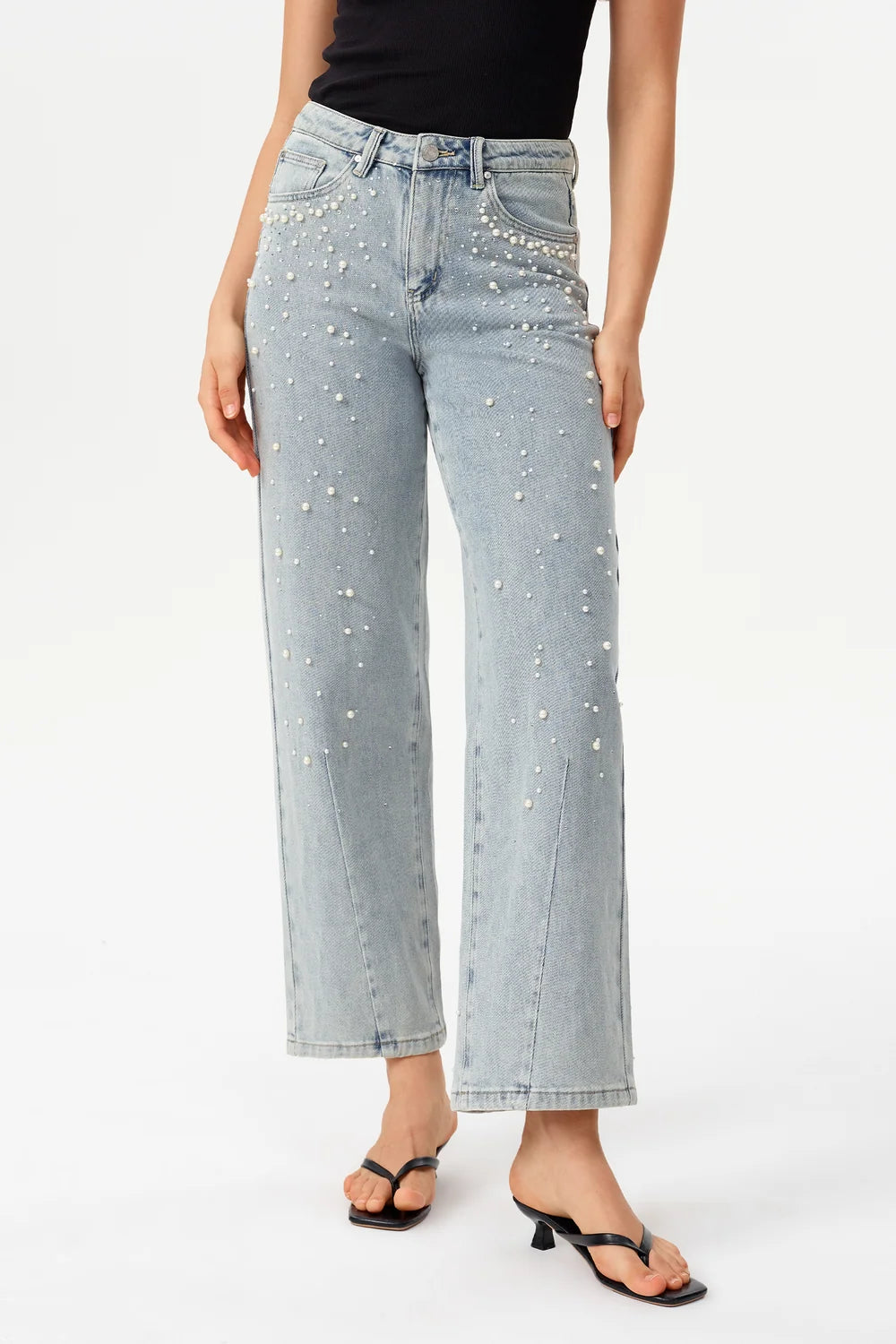 Bayeas High Rise Rhinestone Barrel Leg Jeans in Glacier