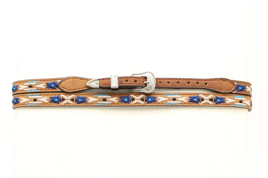 Leather hatband with decorative elements on a white background