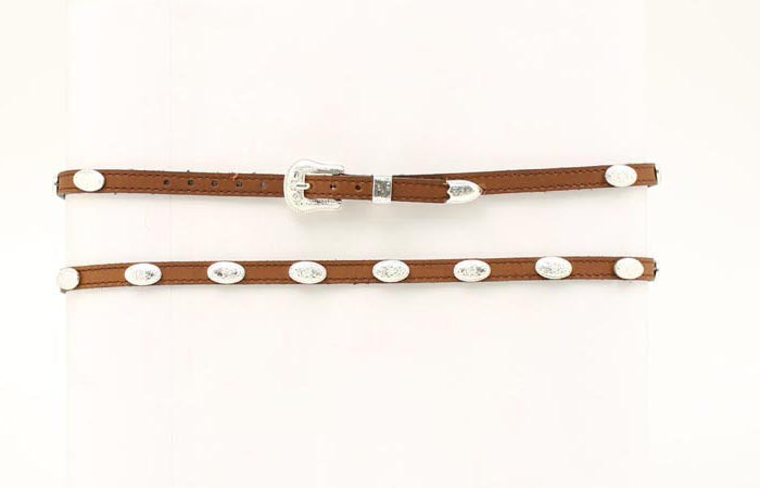 Brown hatband with silver conchos on a white background