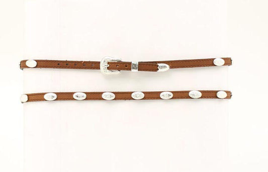 Brown hatband with silver conchos on a white background