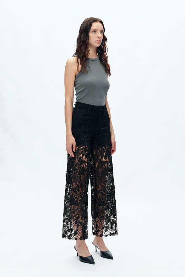Bayeas Embroidery Wide Leg Lace Jeans with Rhinestones