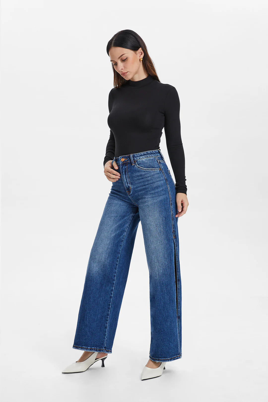 BAYEAS High Rise Wide Leg Denim Jeans With Slit in Lovely