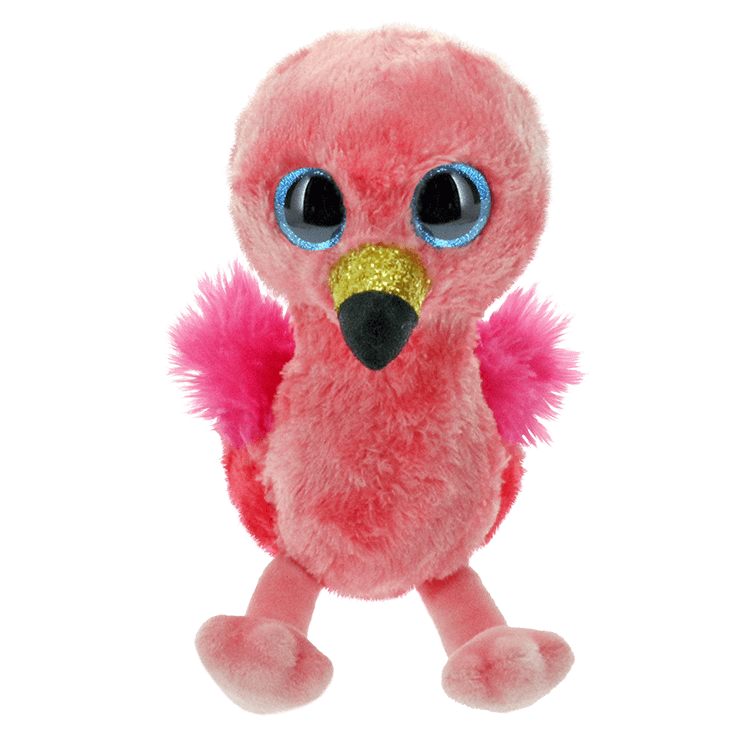 Pink plush flamingo with a heart-shaped Ty Beanie Boos tag on a white background