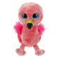 Pink plush flamingo with a heart-shaped Ty Beanie Boos tag on a white background