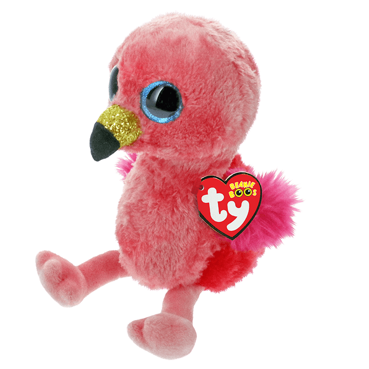 Side view of a pink plush flamingo with a heart-shaped Ty Beanie Boos tag on a white background