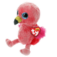 Side view of a pink plush flamingo with a heart-shaped Ty Beanie Boos tag on a white background